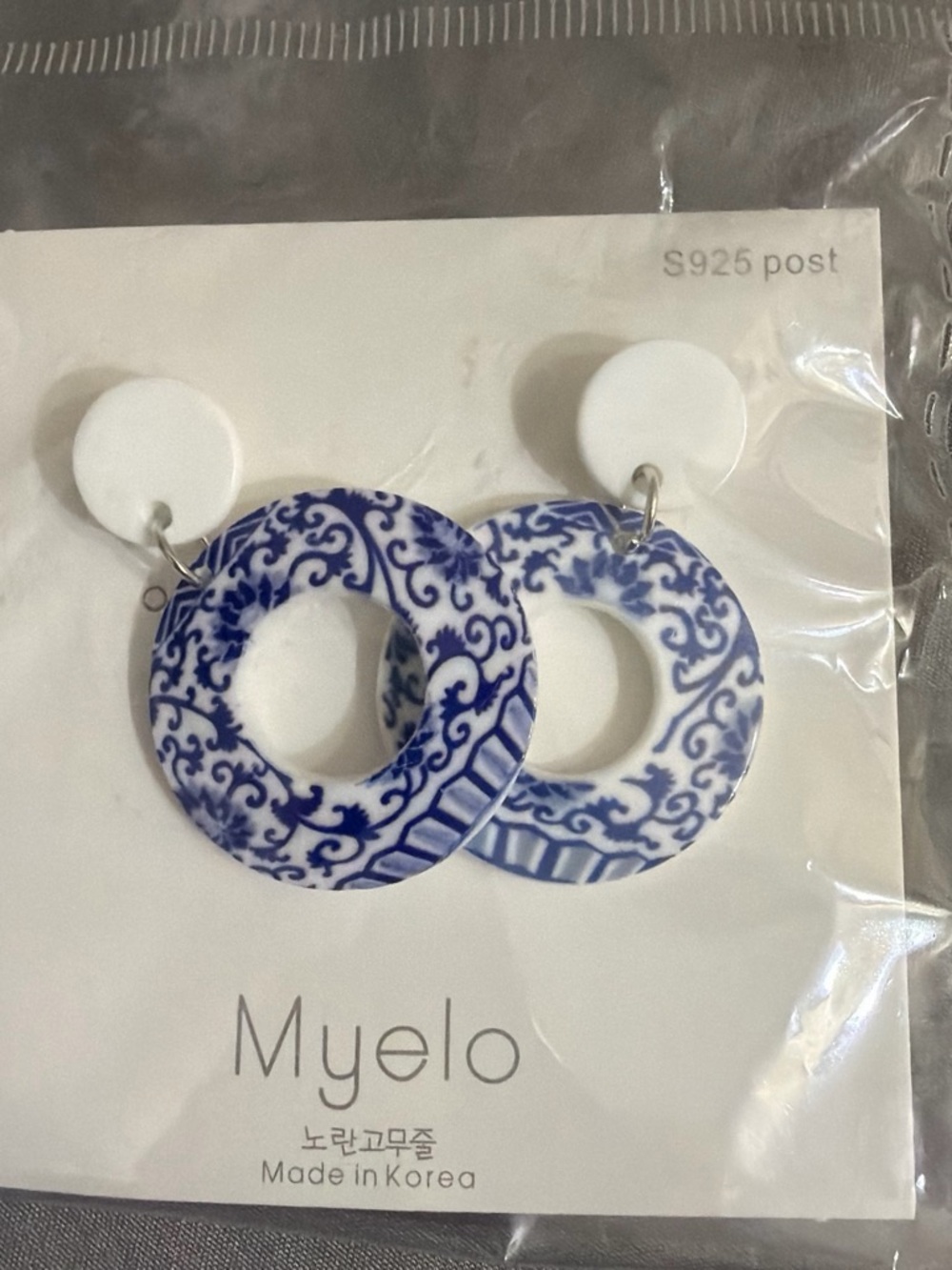 Blue and White Porcelain-Style Hoop Earrings